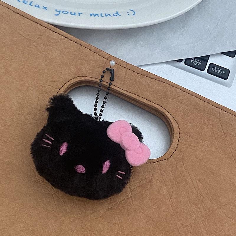Black Pink Bow Kitty Plush Keychain Accessory