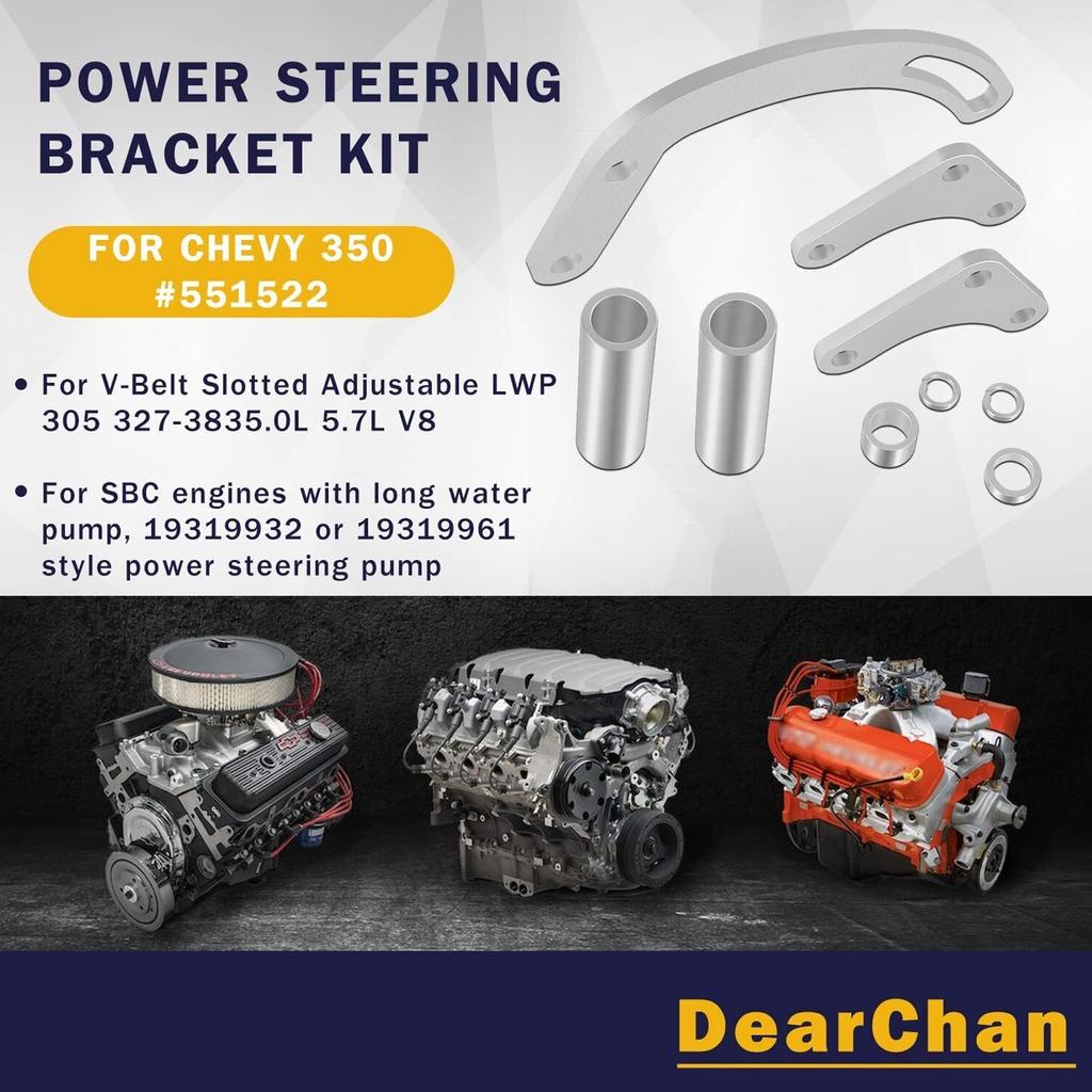 SBC Power Steering Pump Bracket 350 V-Belt Slotted Adjustable LWP for Chevy 350 Small Block Long Water Pump