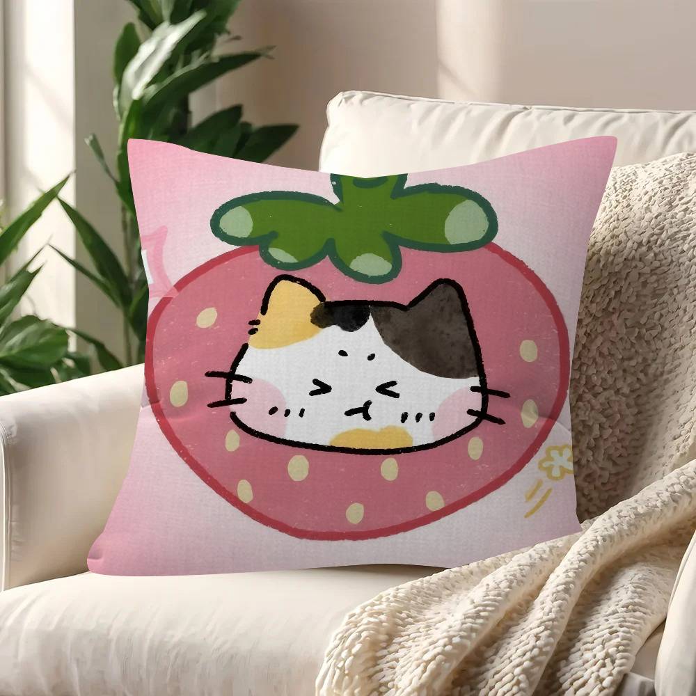 Cute Strawberry Cat  Pillow Cushion Cover Pillowcase Living Room Sofa Home Decor Customized