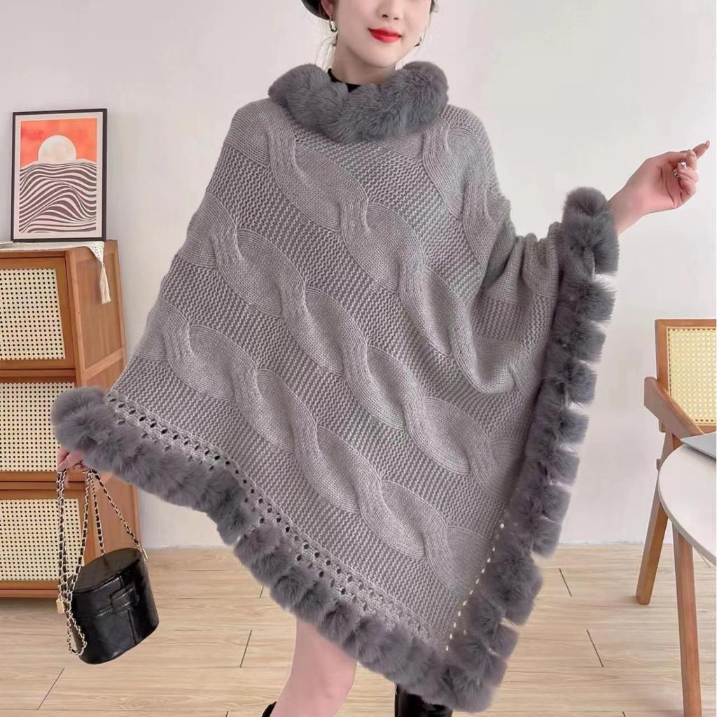 New Imitation Rabbit Fur Solid Color Pullover Cape Sweater Women'S Shawl Pullover Knitted Sweater