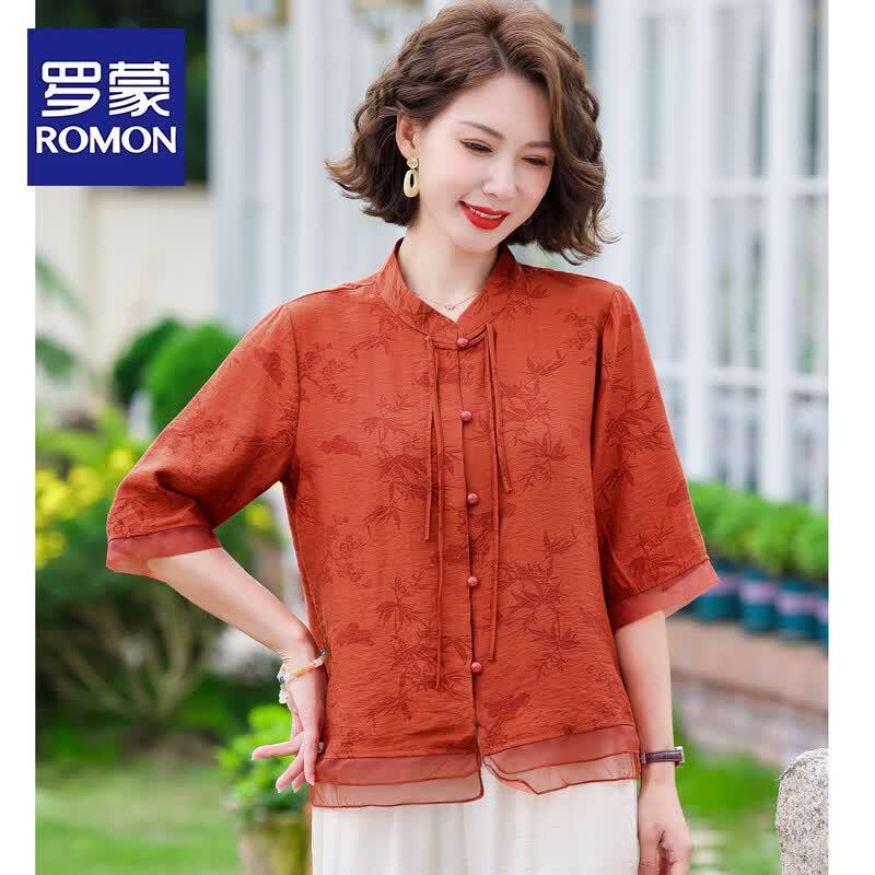 ROMON New Chinese Style Mom s Short Sleeve Printed Shirt 4XL