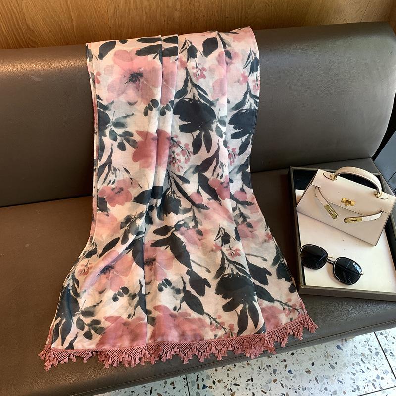 Spring and summer scarf women s pink and blue printed fringed tulle scarf sunscreen shawl long cotton and linen scarf shawl women 90*180