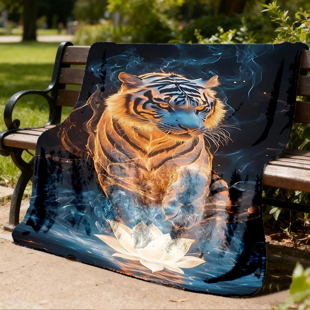 1pc Tiger Lotus Throw Blanket Polyester Fiber, Lightweight Flannel, Soft & Warm, All Season Use for Outdoor, Camping Digital Print