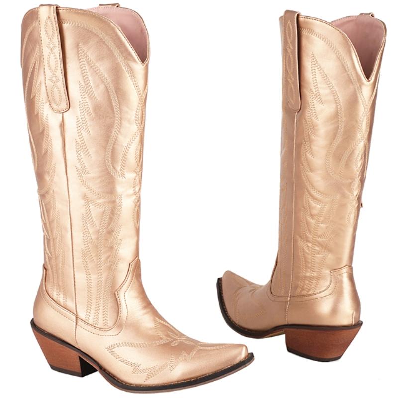 Fashion Knee High Boots Women Winter Western Cowboy Cowgirls Boot Female Black Silver Low Heels Riding Shoes Ladies Comfortable