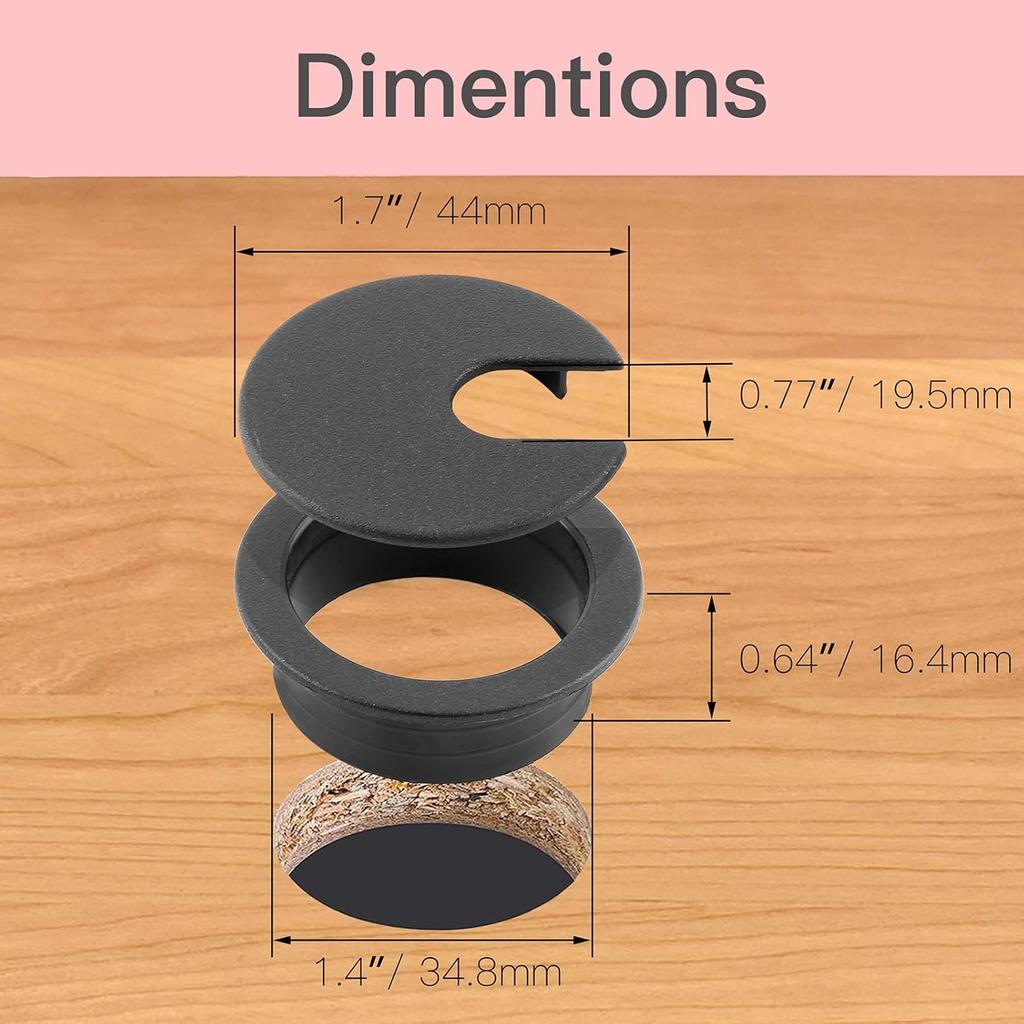 1-3/8 Inch Desk Hole Grommet Desk Cord Grommet with Bi-Metal Hole Saw Drill Bits, Cable Hole Cover Plastic Wire Grommets Desk Grommet Kit Wire