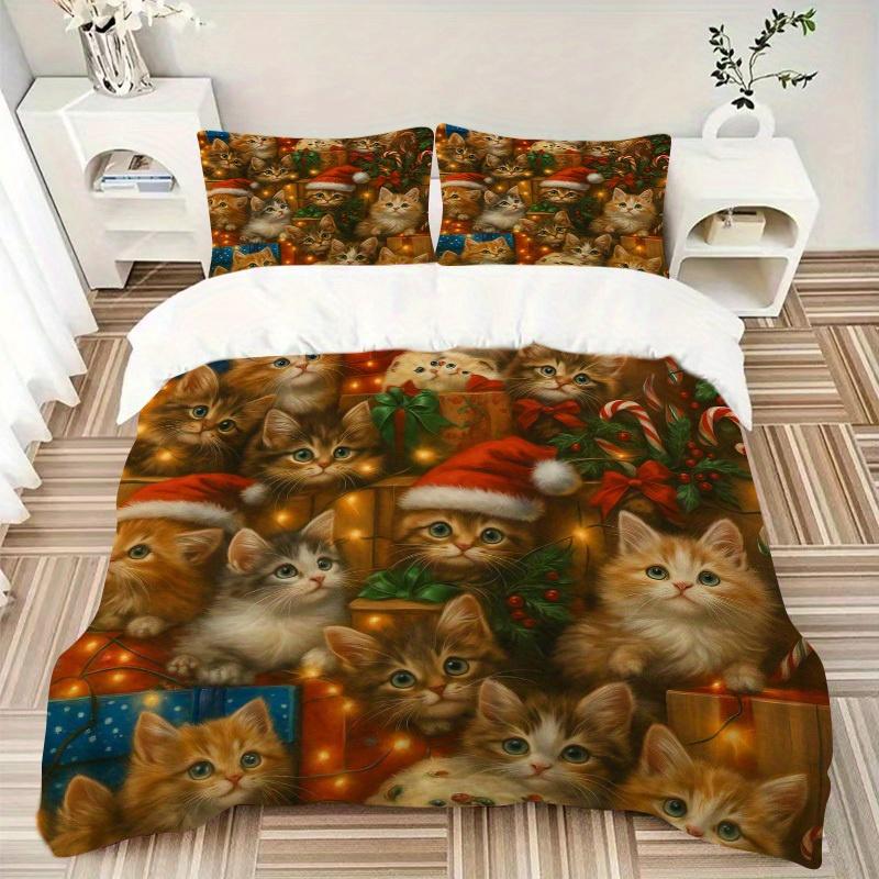 

3pcs Christmas kittens Bedding Set Down Comforter Cover and Pillowcases, Suitable for Guest Room Home Decoration All Seasons(No Insert) S0819010 135x200cm