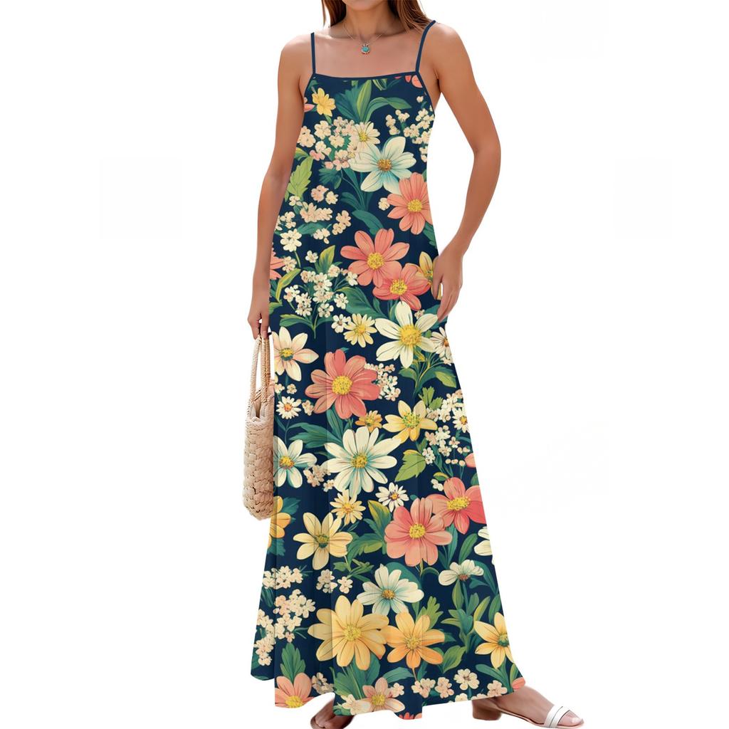 Women's Spring And Summer Casual Fashion Adjustable Suspenders Printed Long Dress