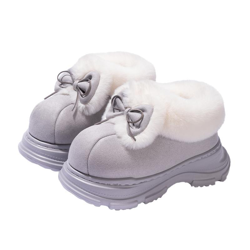 New Mid-top Bow Suede Wool Cotton Shoes Autumn and Winter Velvet Warm Thick-soled Heightening Non-slip Snow Boots