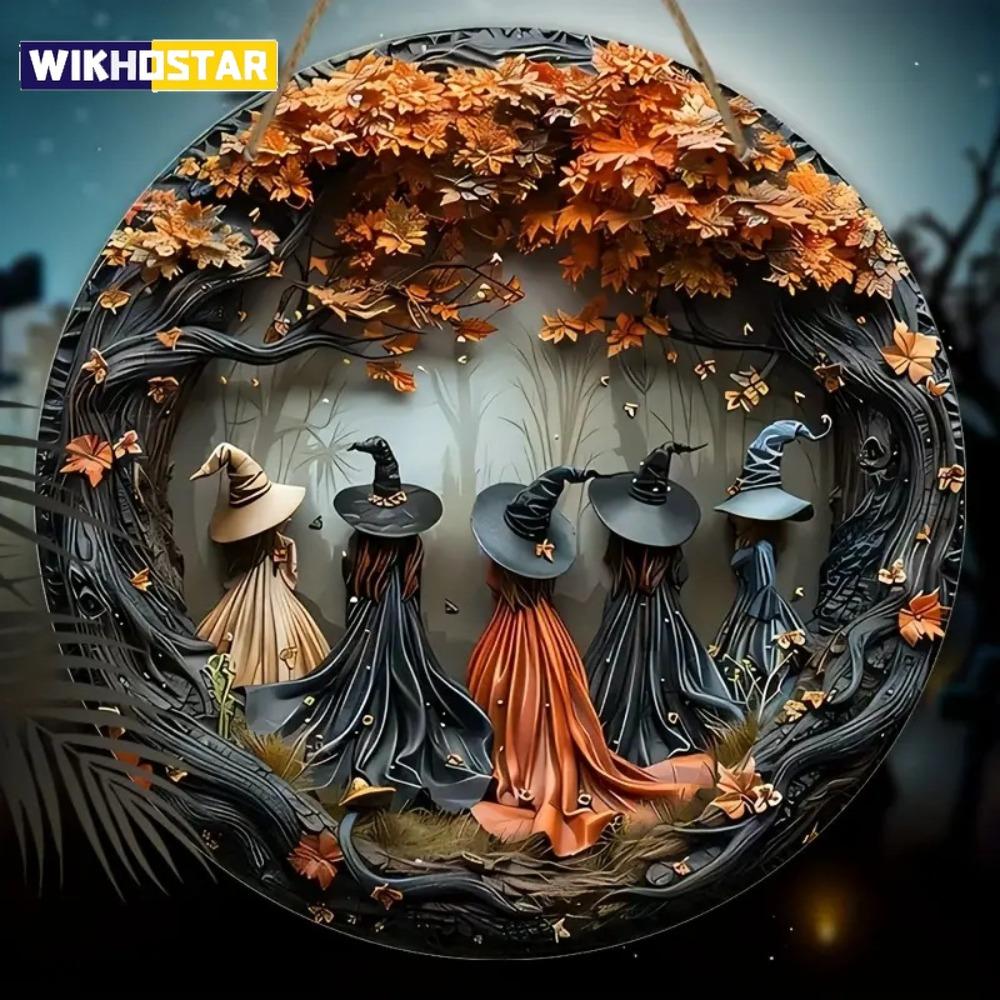 2D Exquisite Witch and Autumn Leaves - Halloween Circular Wooden Sign, Suitable for Home, Restaurant, Bar, Door Decoration Gifts
