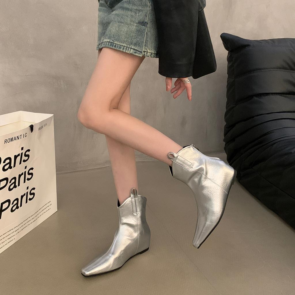 French retro pointed V-mouth inner heightening western boots women's 2025 autumn new high-end pleated Chelsea boots