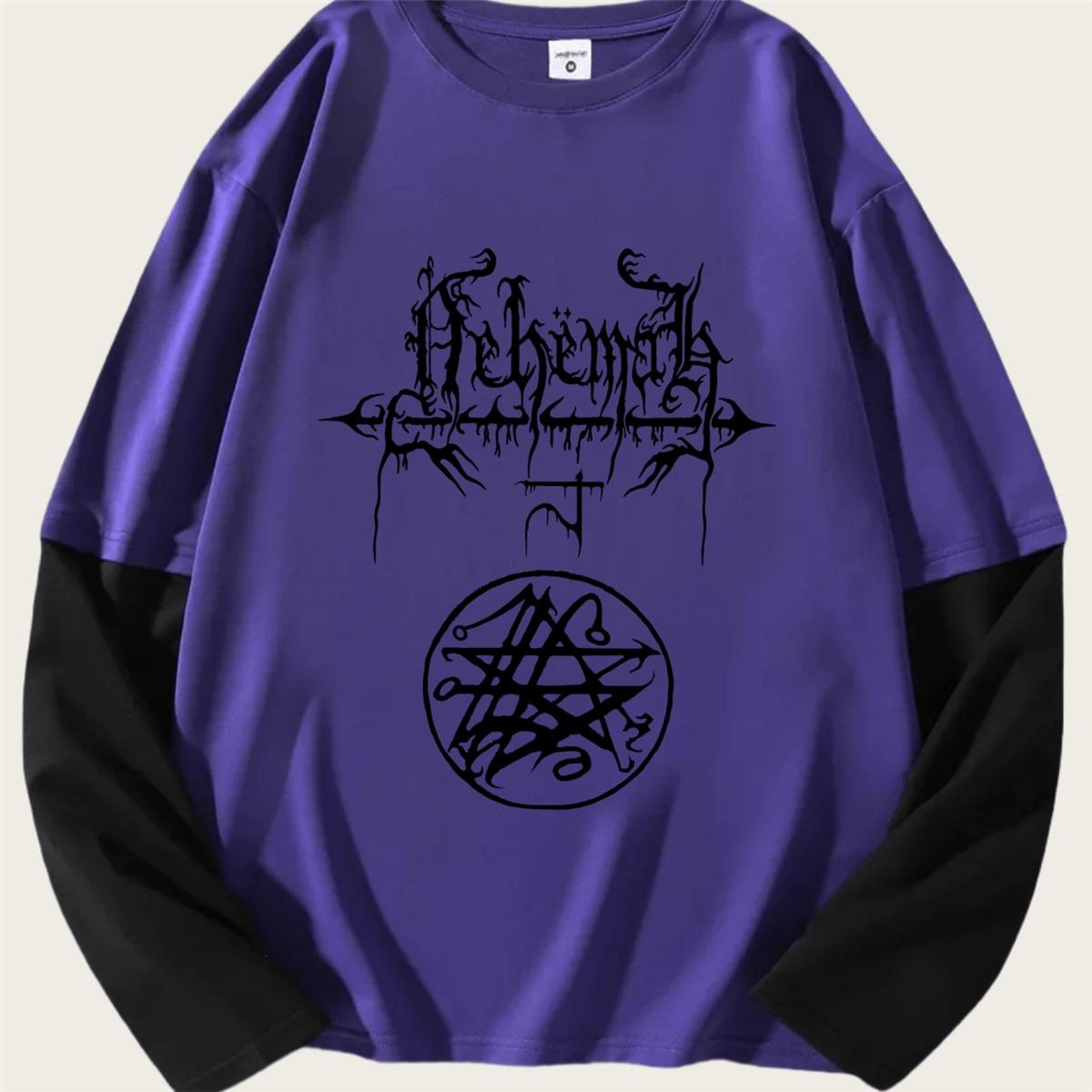 

Men S Loose-Fitting Casual Long-Sleeve Round-Neck T-Shirt with Gothic Print Design, Style J1312, Perfect for Versatile Fashion S фіолетовий