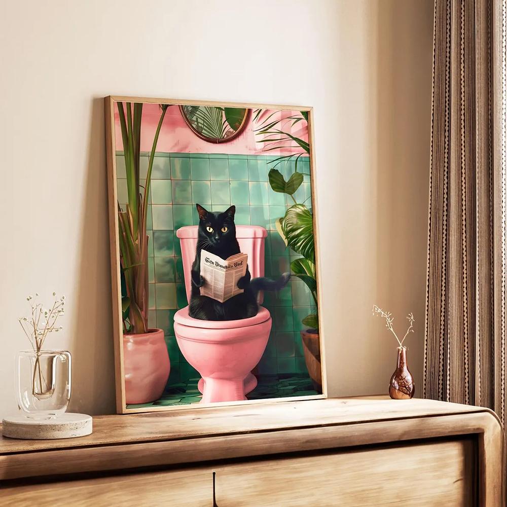 Funny Monkey Reading Newspaper OnToilet Canvas Print Black Cat Animal Bathroom Wall Art Poster for Modern Living Room Home Decor