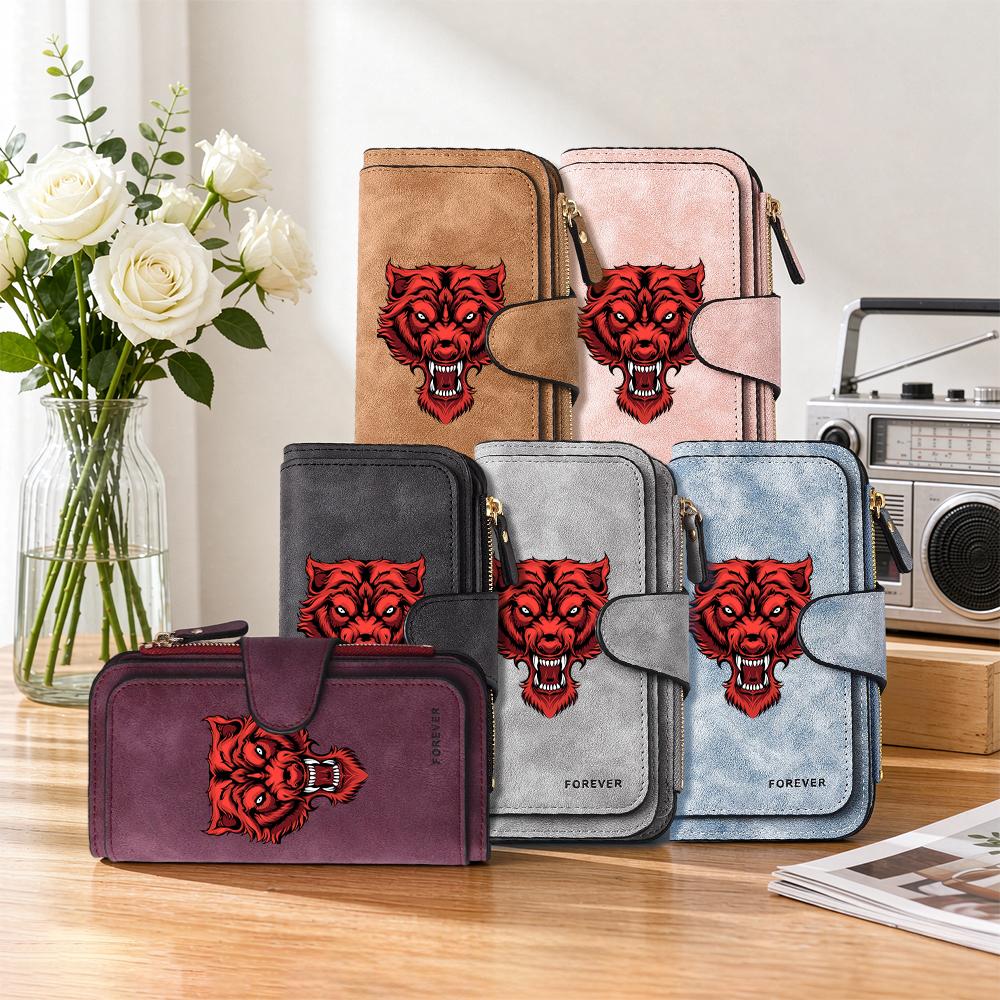 Men's Cool Wolf Pattern Long Wallet Multi Card Slots Fashion Casual Portable Durable Zipper Purse