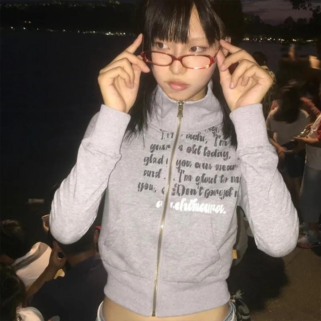 2KWEIRD Japanese Y2k Cropped Jacket Vintage Harajuku Short Coat American Retro Letter Print Zipper Sweatshirt Grunge Outerwear