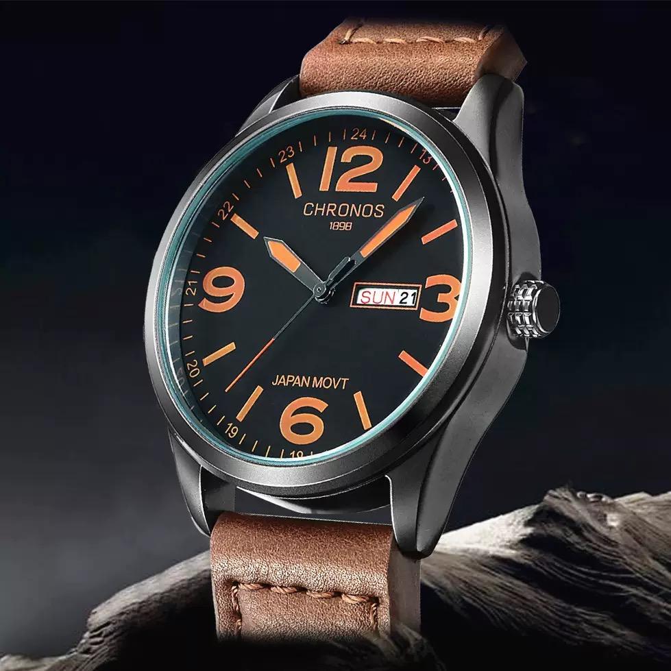 CHRONOS Top Brand Luxury Watch Men Watch Date Week Leather Men's Watch
