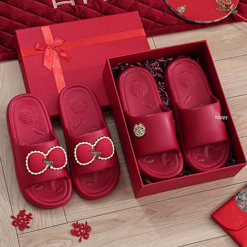Festive Wine Red Bride Slippers: Luxurious, Comfy Summer Footwear