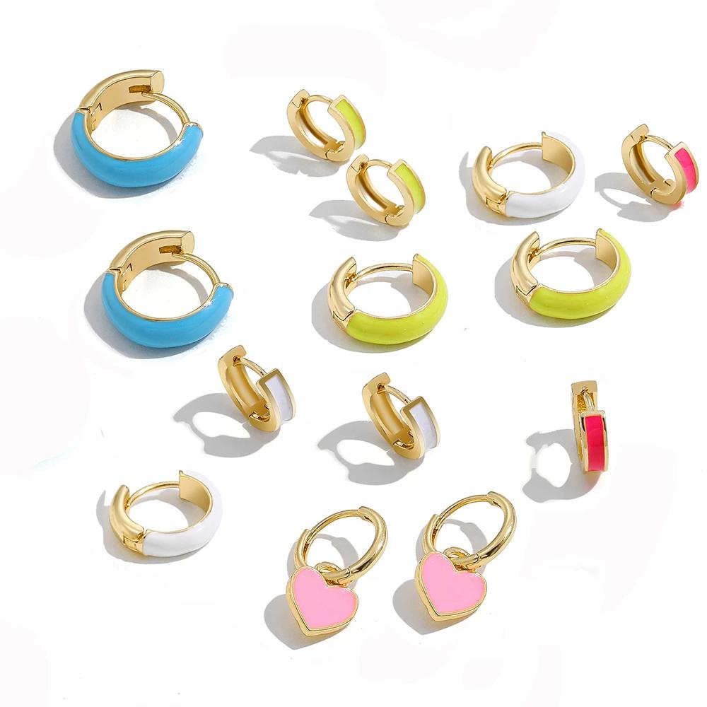 New Fashion Circle Ear Huggie Small Hoop Earrings for Women Cute Candy Color Enamel Round Heart Earrings Party Zircon