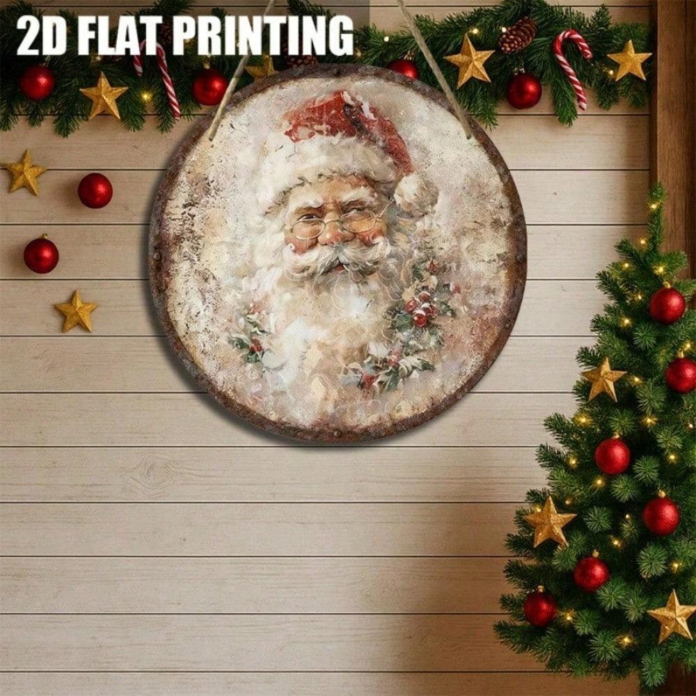 1PC Rustic Christmas Wooden Sign Santa Claus Face Plaque With Glasses Berries, Farmhouse Front Door Porch Wall Decor 20cm