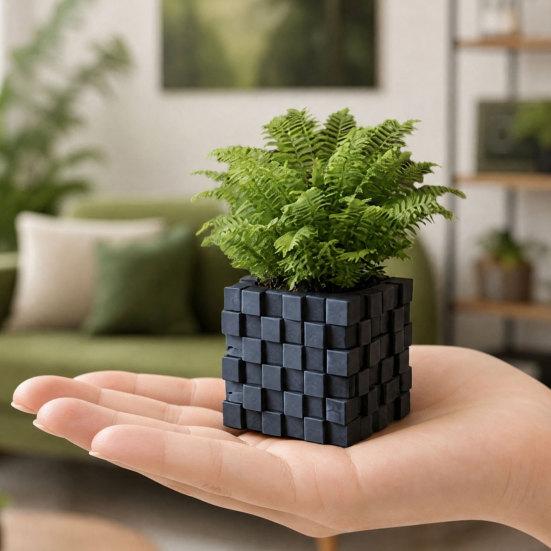 3D Printed Pixel Cube Planter, Grid Spliced Decor, Retro Geometric Ornament, Matte Breathable Structure, Compact Desktop Pot for Succulents Green