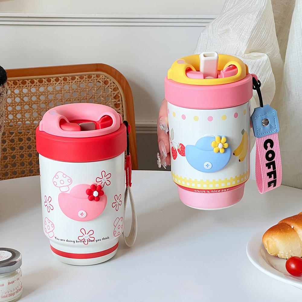New Portable Double Drink Coffee Cup with Lifting Rope High Value Straw Cup Ceramic Inner Tank Gift Thermos Cup