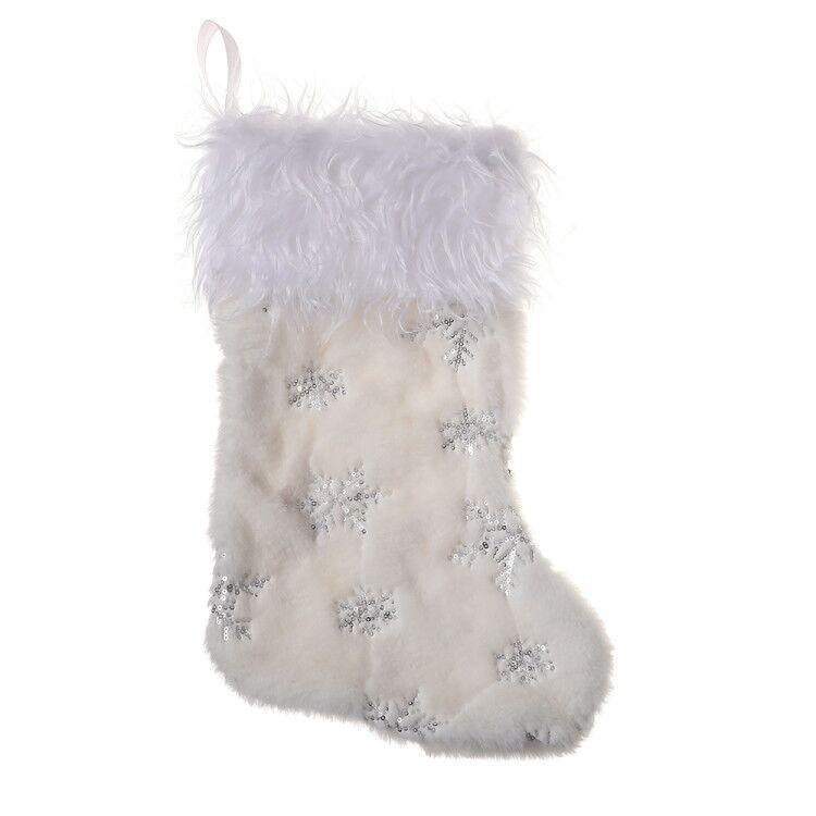 

Plush White Elegant Christmas Stockings Adorned With Gorgeous Gold And Silver Snowflakes Plush Silver Snowflakes