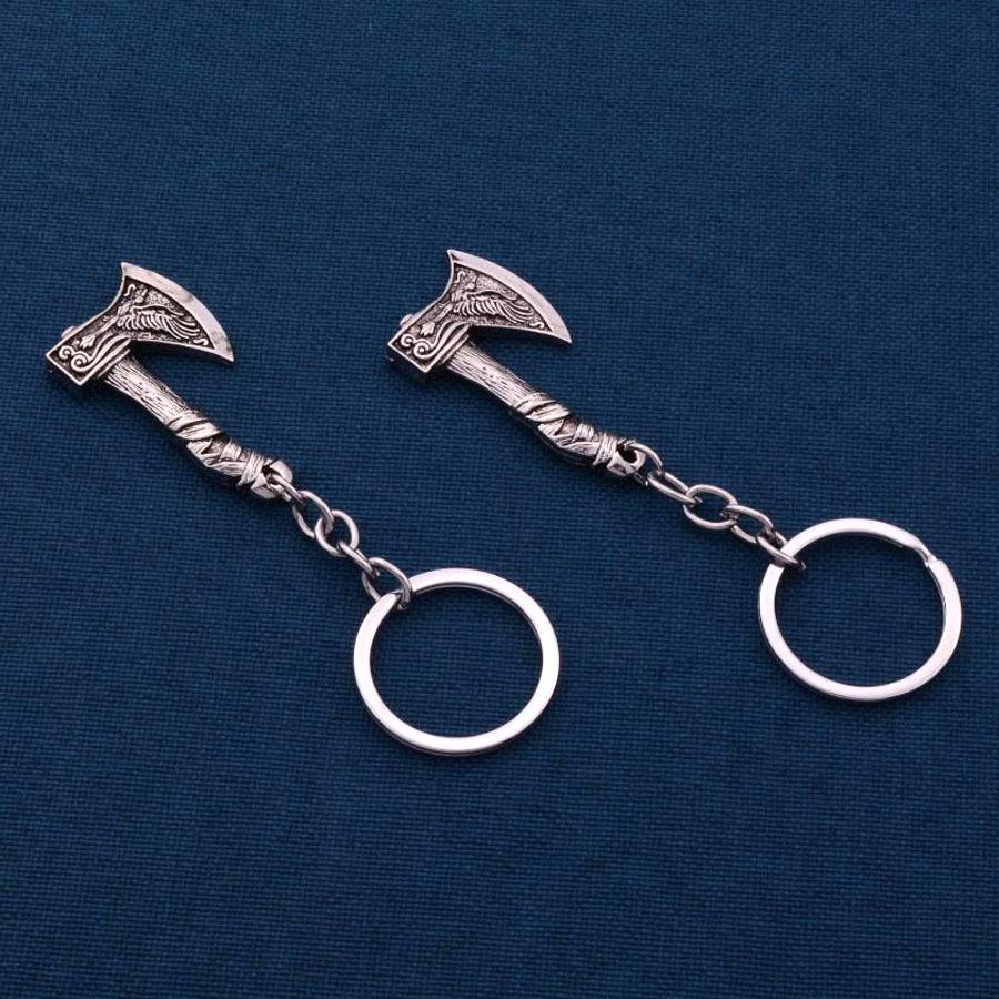 Viking Celtic Wolf & Raven Axe Rune Charm Keychain - Nordic Men's Pendant Ornament