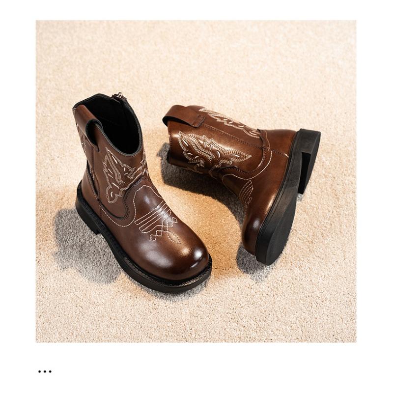 American Retro Girl Boots Princess Embroidery New Leather Boots Children Fashion Leather Boots Knight Boots