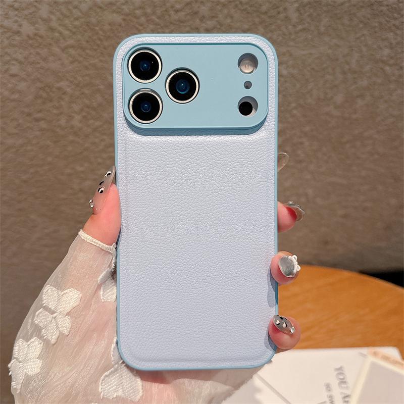 Lychee Pattern Leather TPU Frame Shockproof Case For iPhone 17 Air 16 15 14 Plus 13 12 11 17Pro Max 16E Solid Color Cover