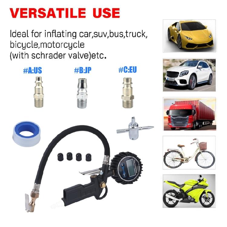 Lighted Tire Pressure Inflator with Handheld Hose Tool for Routine Car and Motorcycle Air Filling and Tire Care