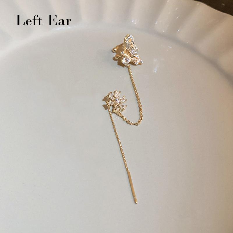 Kpop Gold Color Rhinestone Moon Star Clip Earrings for Women Simple Butterfly Fake Cartilage Long Tassel Ear Cuff Jewelry Gifts