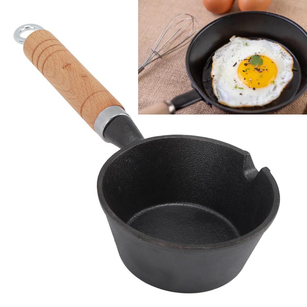 Mini Egg Frying Pan Nonstick Pre Seasoned Cast Iron Skillet Cast Iron with Wooden Handle Basting Pot Melting Butter