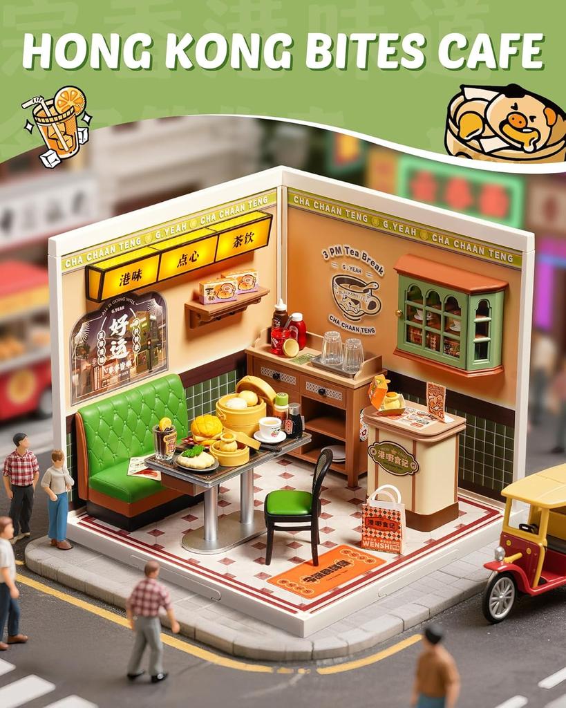 Robotime Super Creator DIY Miniature House Kit Model Kits for Adult to Build Home Desk Bookshelf Decoration Hong Kong Bites Cafe