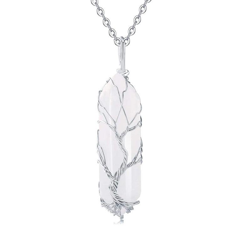 Tree of Life Natural Crystal Hexagonal Pendant Necklace with Wire-Wrapped Design