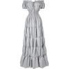Vestido Largo Retro de Color Sólido para Mujer, Manga Corta, Cuello con Cordones, Cintura Fruncida