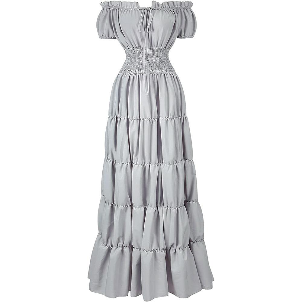 Vestido Largo Retro de Color Sólido para Mujer, Manga Corta, Cuello con Cordones, Cintura Fruncida