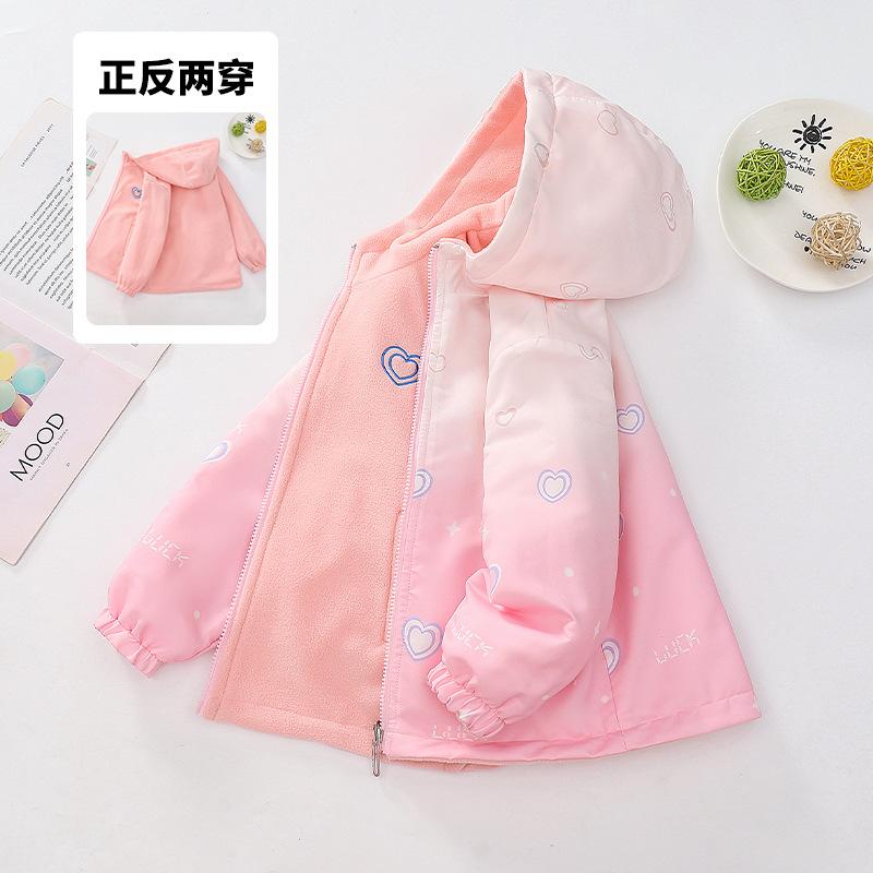 Girls Double Sided Fleece Thickened Hooded Children Casual Jacket