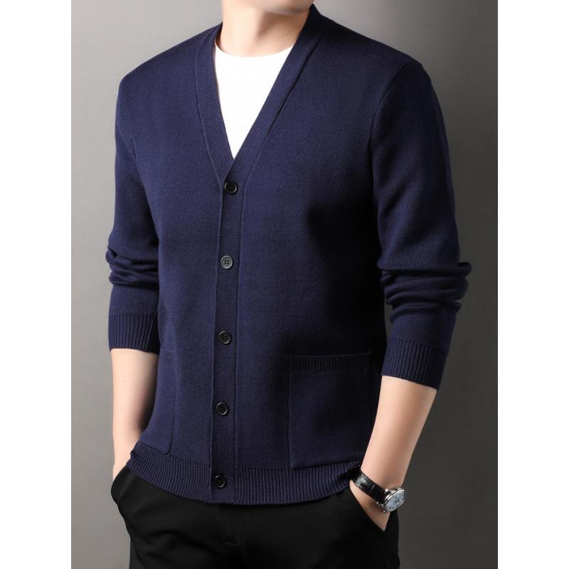 Men's Knitted Cardigan Coat Spring and Autumn V-neck Solid Color Top Real Pocket Sweater Business Casual Outdoor Sweater