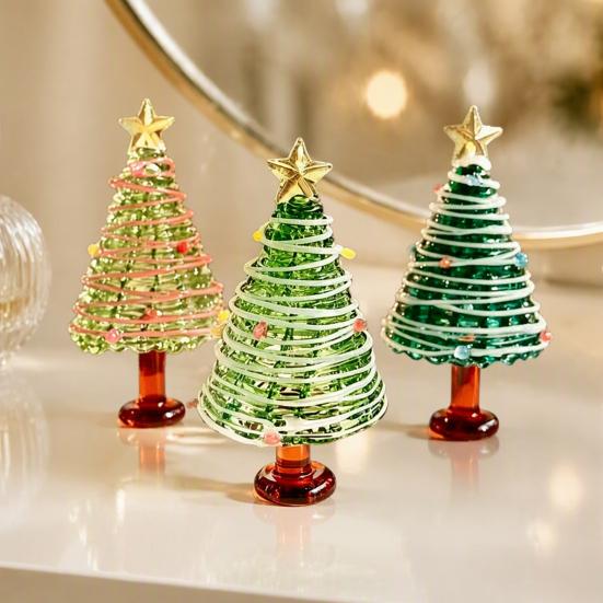 Seasonal Home Festive Ornament Glazed Christmas Tree Figurine, Colorful Miniature Xmas Decor, Handcrafted Exquisite Gift for Colleagues Glass