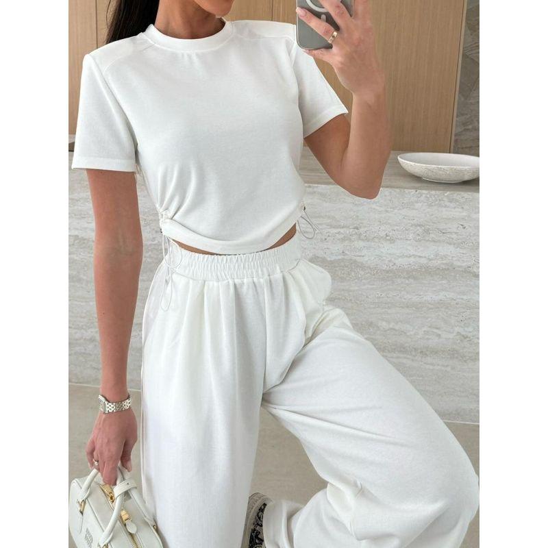 Spring and Summer New Western Style Solid Round Neck Short Short Sleeve T-shirt Loose Wide Leg Trousers Two-piece Suit Casual Women