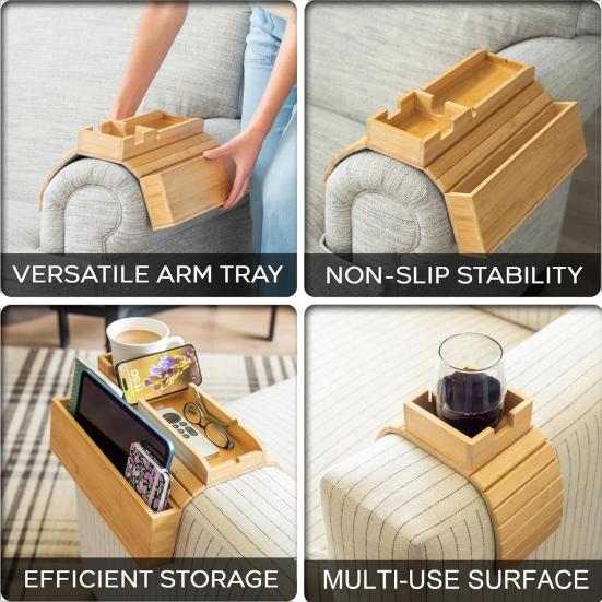 1/2Pcs Bamboo Couch Armrest Table Wooden Arm Tray with Removable Cup Holder Foldable Anti-Slip Sofa Side Remote Controls Phones Cups Snacks Organizer