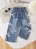Single-piece Girls' Jeans, Trendy, Casual, Versatile, Cute, 3D Embroidered with Bows and Hearts, Straight Leg, Spring/summer.