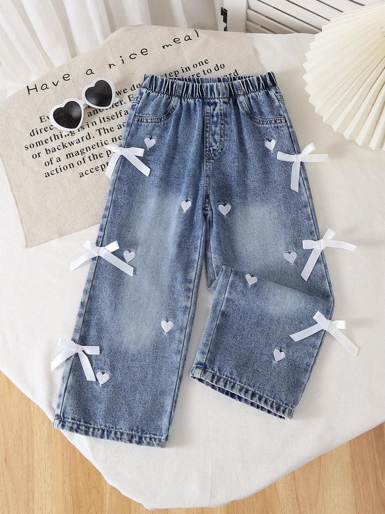 Single-piece Girls' Jeans, Trendy, Casual, Versatile, Cute, 3D Embroidered with Bows and Hearts, Straight Leg, Spring/summer.