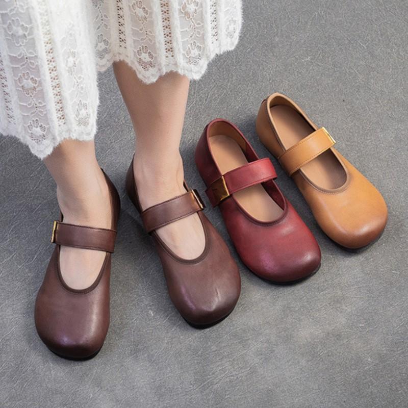 Fashion GKTINOO 2025 Summer New Retro Comfortable Round Toe Soft Soled Flats Casual Solid Color Soft Cowhide Women's Shoes