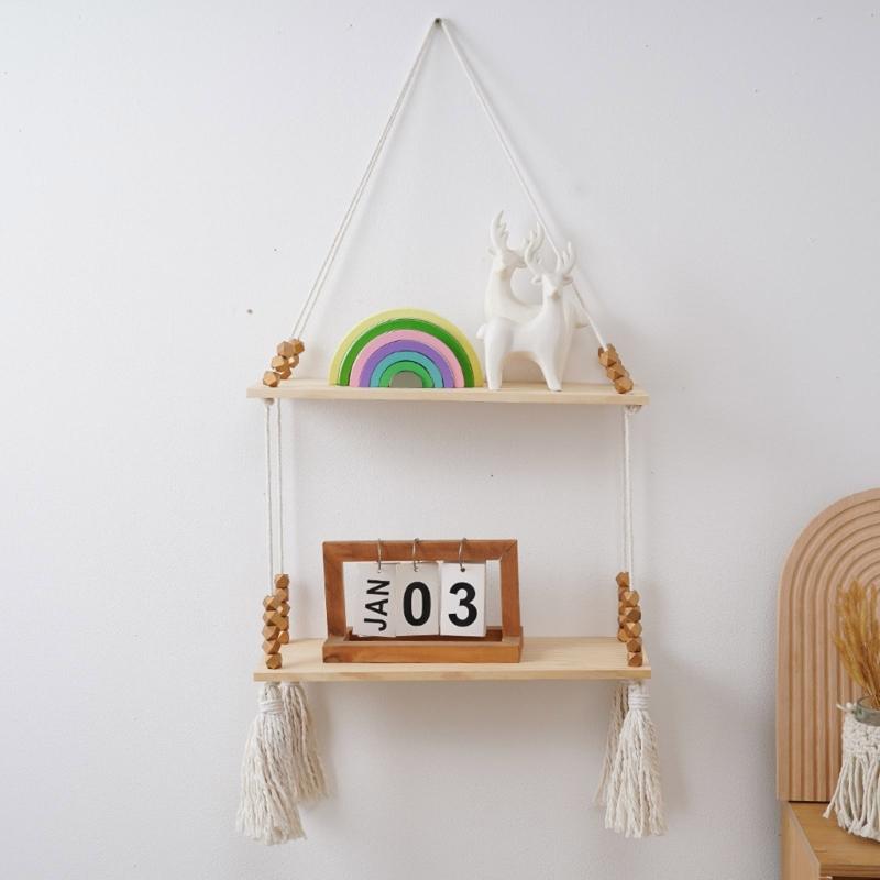 Unique Decorative Floating Tassels Shelf Wood Wall Mounted Storage Rack for Living Room Stylish Bedroom Organizer