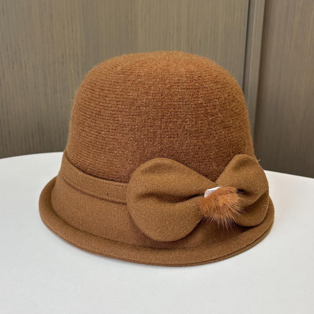 Wool Bucket Hat Thermal Hat Children Elegant Hairball Bow Mother Basin Hat