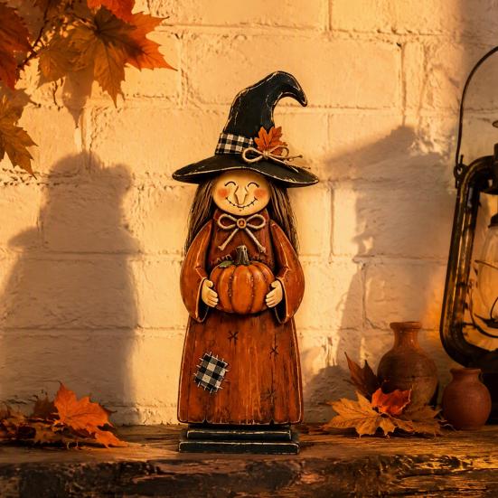 Vintage Wooden Witch Ornaments Figurine, Halloween Statues with Rustic Home Decor Broom Pumpkin Black Cat, Fall Farmhouse Tabletop Decorations