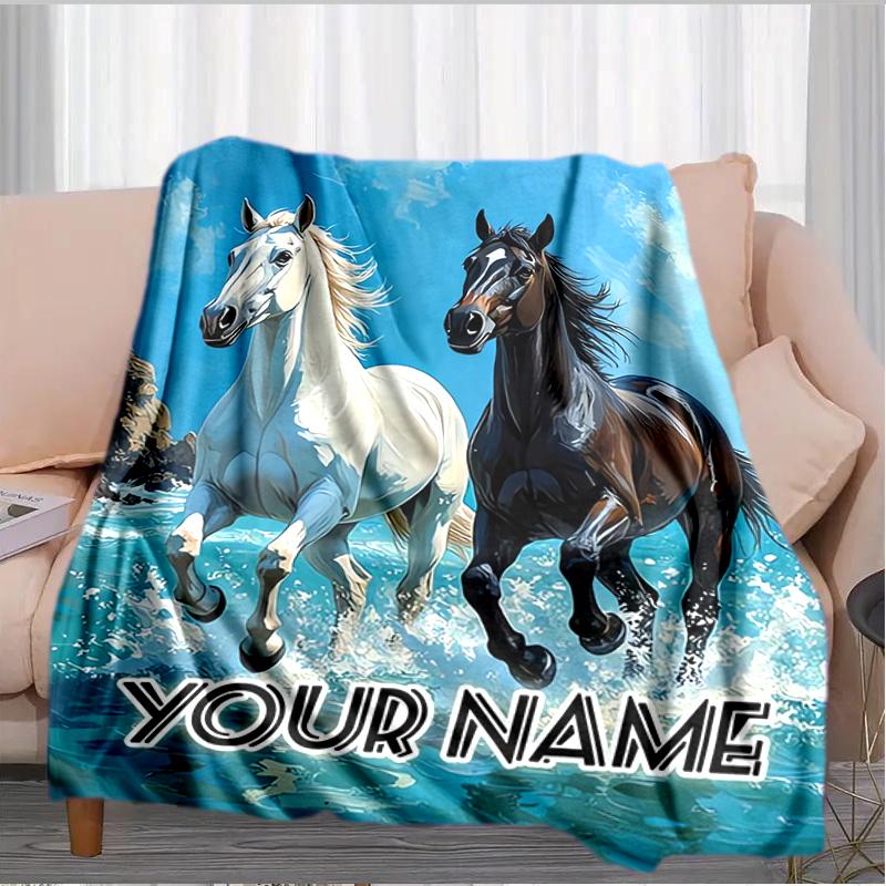 1PC Custom Name Horses Ocean Wave flannel blanket versatile,all-season throw suitable for the living room,bedroom,camping,travel,and gift