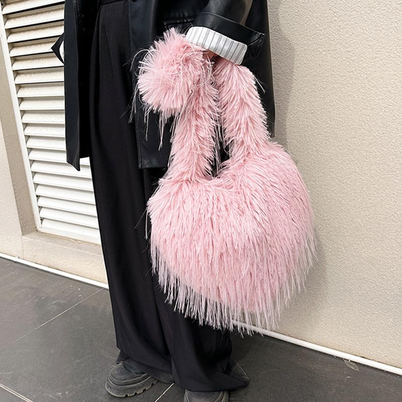 Yogodlns Long Plush Women's Large Shoulder Bag Luxury Faux Fur Female Love Shape Bags Y2k Punk Girls Fluffy Tote Handbags Crossbody Bag