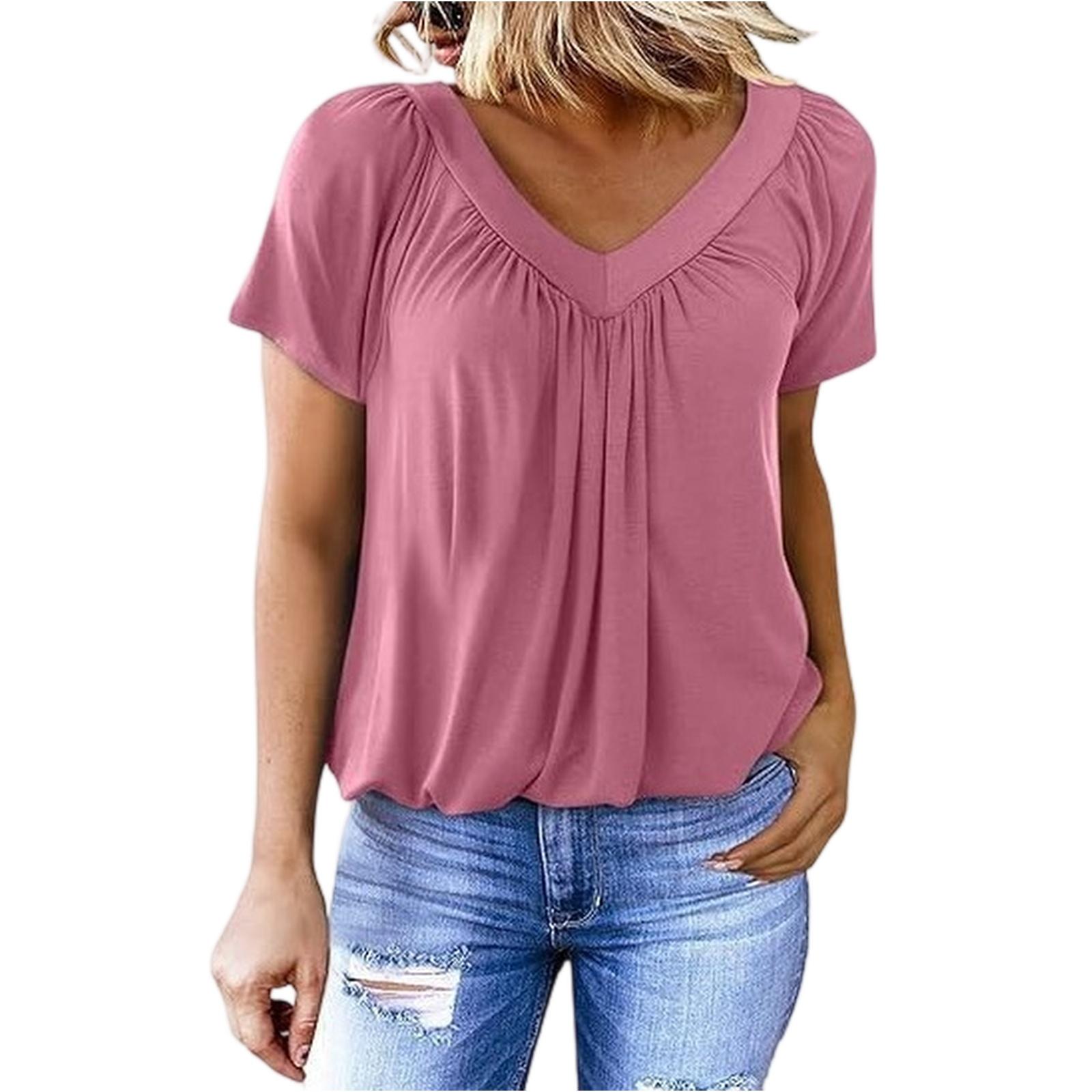 Women s Casual Color V-Neck Pleated Short Sleeved Top V-Neck Pleated Short Sleeved Top M розовый