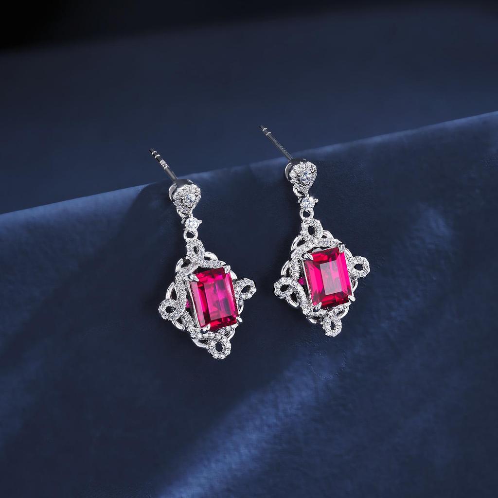 Zhou Hengfu S925 Sterling Silver Ruby Earrings, New Chinese Style, Paved Setting, Light Luxury for Women.